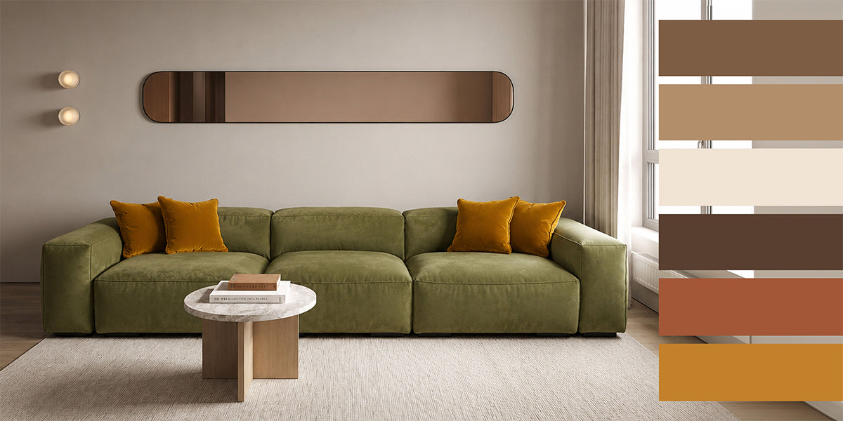 Divano Placido Day Bed ambientato in colore verde oliva con palette cromatica autunno